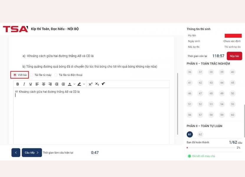 Cách 1: Nhập câu trả lời vào ô Viết bài trên hệ thống.