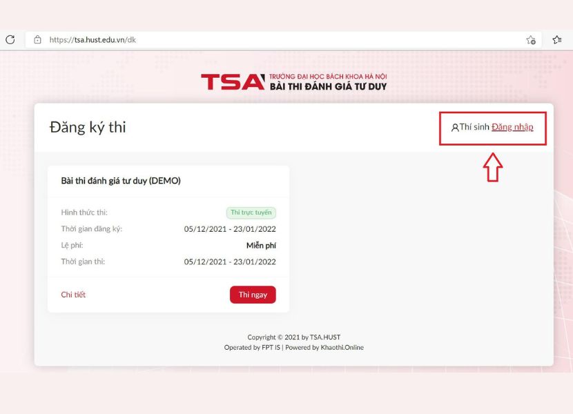 Vào trang https://tsa.hust.edu.vn/dk và chọn Đăng nhập