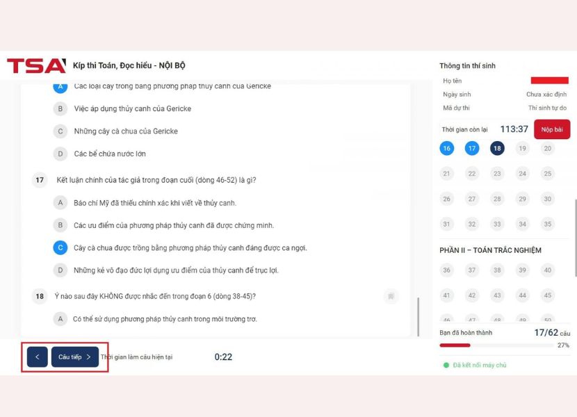 Thí sinh có thể chọn Câu Tiếp hoặc Câu Trước bằng cách ấn nút như bên dưới
