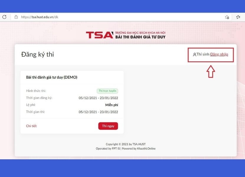 Vào trang https://tsa.hust.edu.vn/dk và chọn Đăng nhập