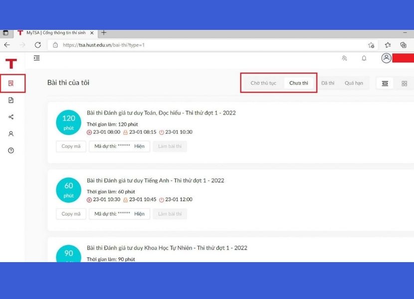 Vào mục Bài thi để xem danh sách các bài thi đã đăng ký