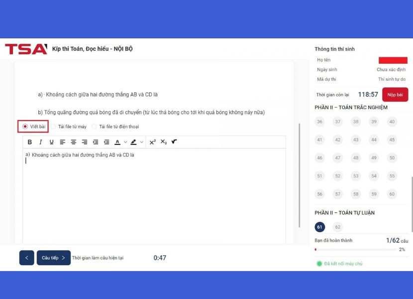 Cách 1: Nhập câu trả lời vào ô Viết bài trên hệ thống.