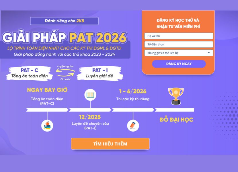 Giải pháp PAT 2026 là chương trình ôn thi toàn diện dành riêng cho học sinh lớp 12 (2K8) dự thi HSA, V-ACT và TSA
