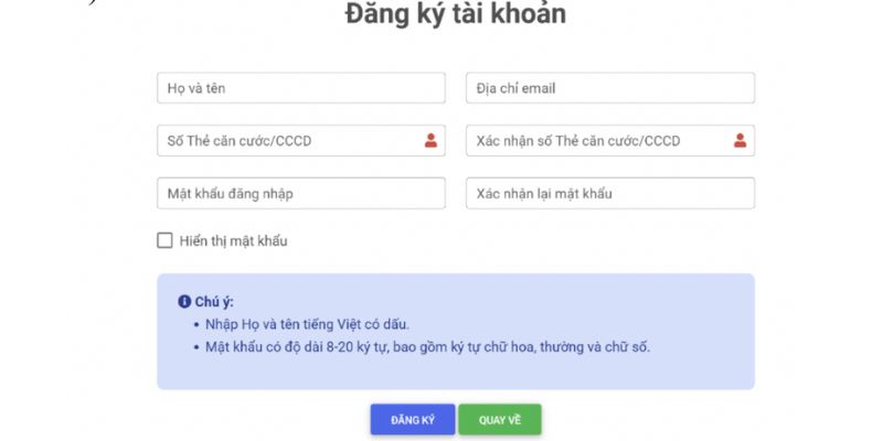 Giao diện trang đăng ký tài khoản