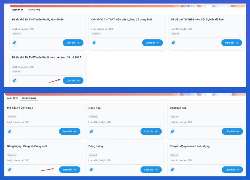 Bước 4: Chọn đề thi và bắt đầu làm bài